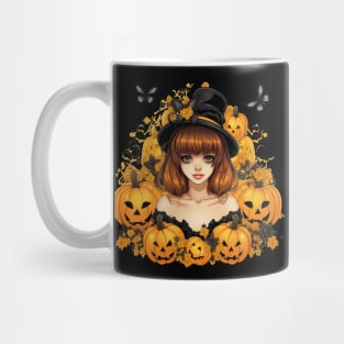 Anime Halloween Witch Girl with Pumpkins and Butterflies Mug